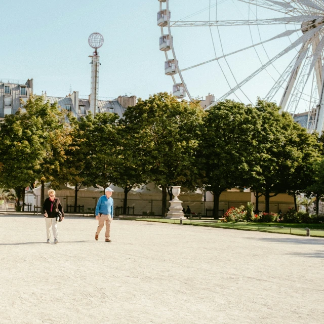 people walking around a park with the ferris wheel in the background
