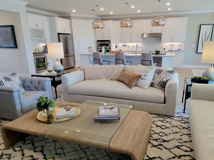 a living room filled with furniture and lamps