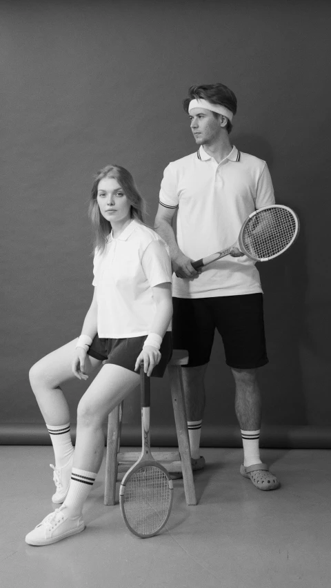 the man is sitting next to the woman with tennis rackets