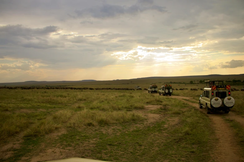 a field of green grass with three jeeps in the middle