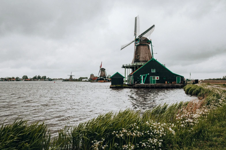 several windmills are in the water by some grass