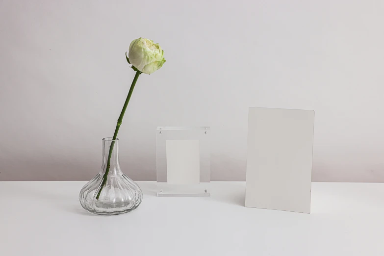 a single flower sits in a vase next to an empty card
