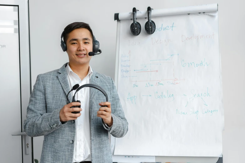 a man that is holding a steering wheel in front of a whiteboard