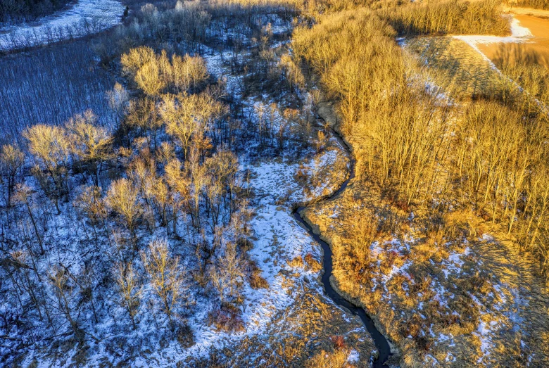 an aerial view of a marshy river running through a snow covered forest