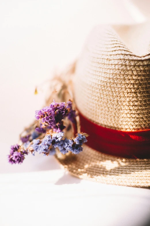 a hat with a red band has lavender on the top