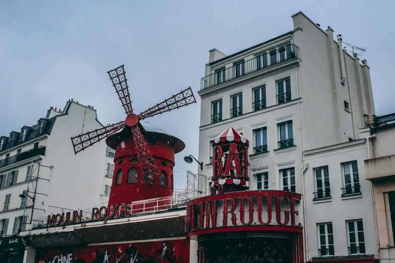 a red windmill on the top of a building