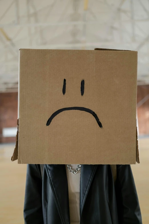 a brown cardboard box with a sad face drawn on it