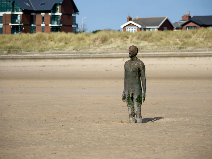 a sculpture is standing on the beach