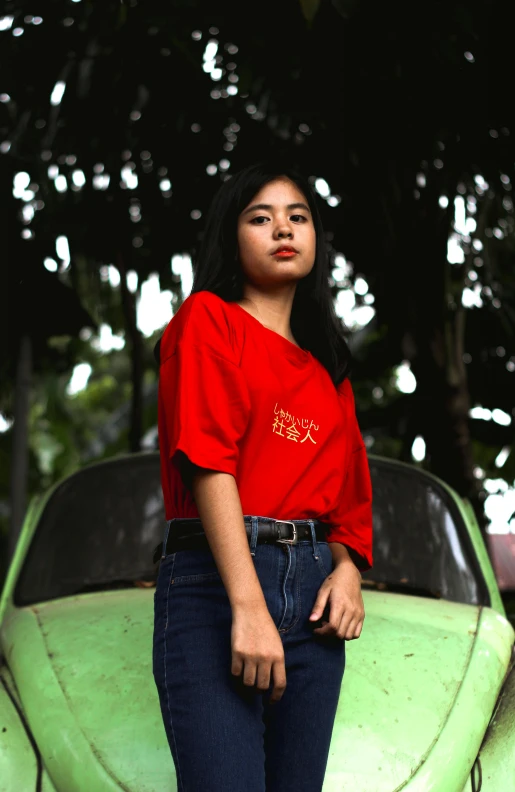 a girl is leaning against the bumper of a car