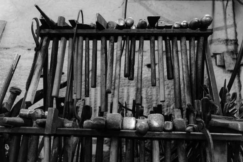an old picture of a bunch of items with various poles