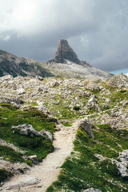 a path going down an outcropping of rocks in a mountain meadow