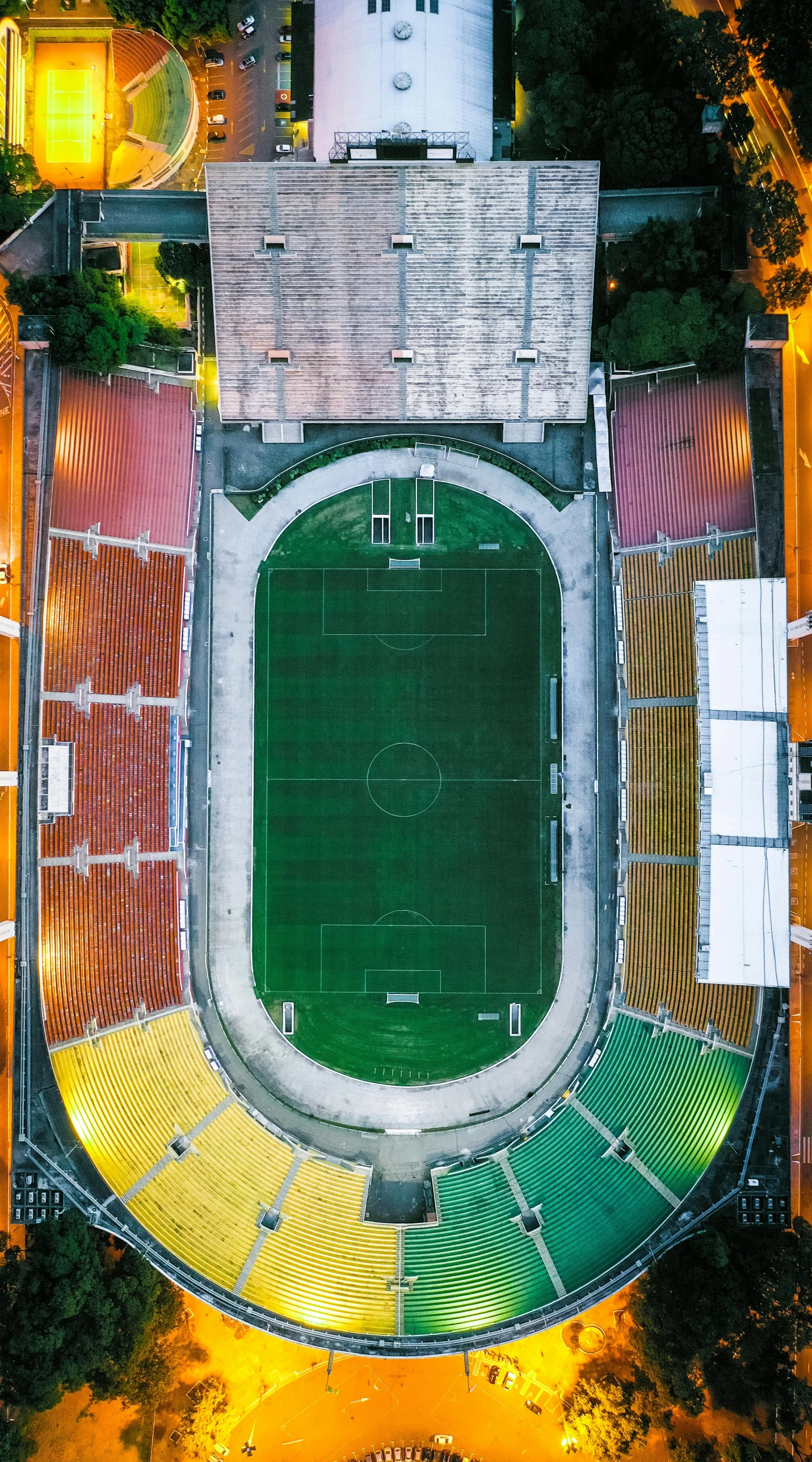 an aerial view of a soccer field with lots of seats