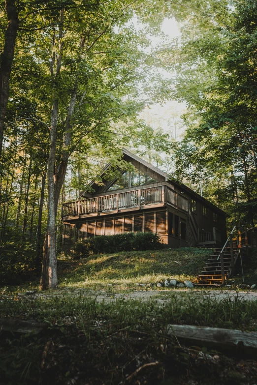 a log cabin is on a wooded hillside