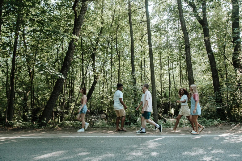 several friends are walking through the woods