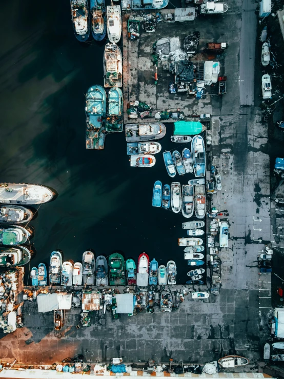 many boats parked at a marina near the water