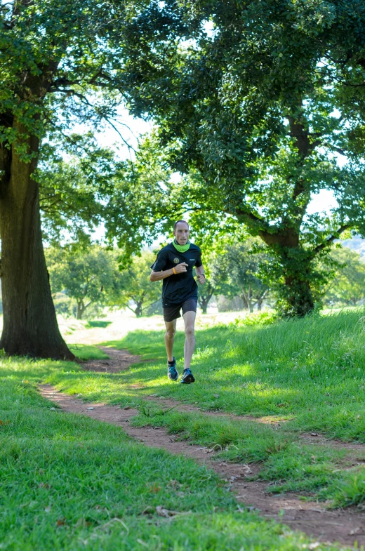 a man jogging on a trail between trees