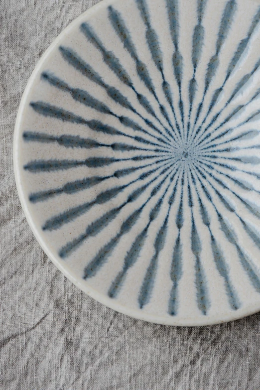 a blue and white dish that is laying on a surface