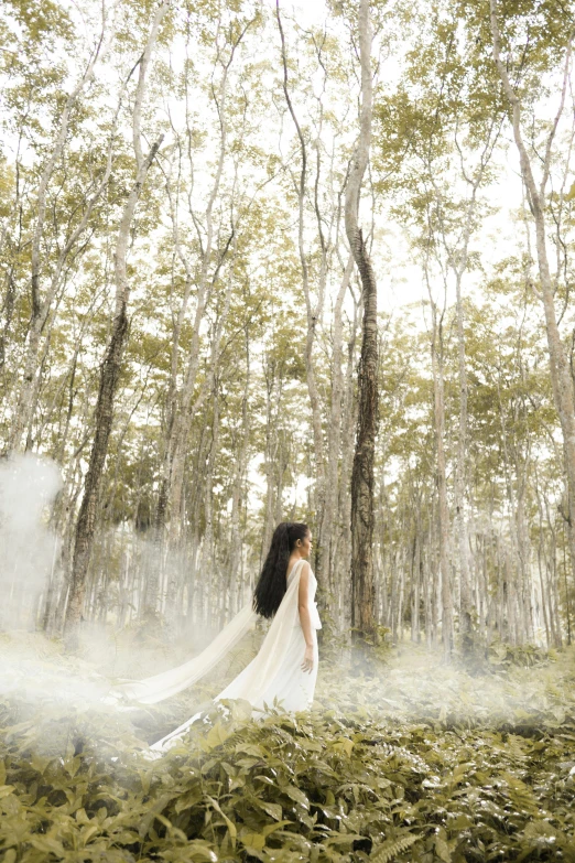 the bride is walking through the woods near the trees