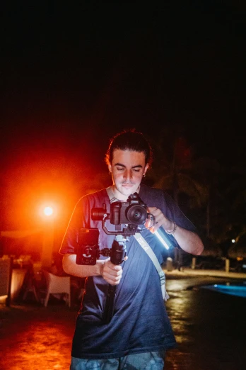 a person holding up a camera and another person using a flashlight