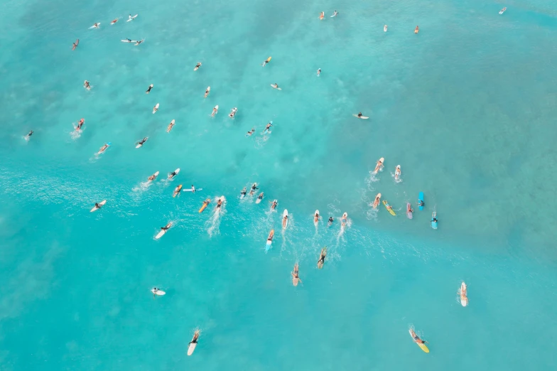 an aerial view of people riding surfboards in the water