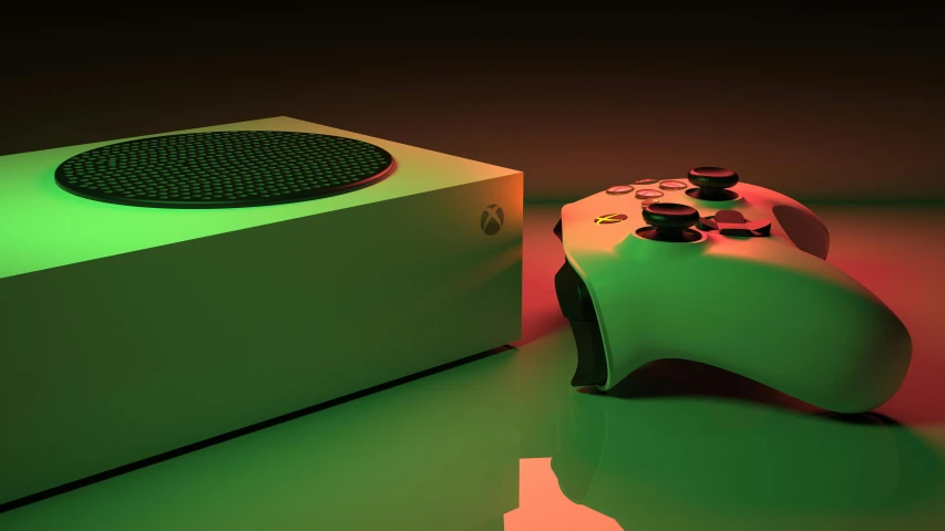 a modern video game console sits next to the neon lit box