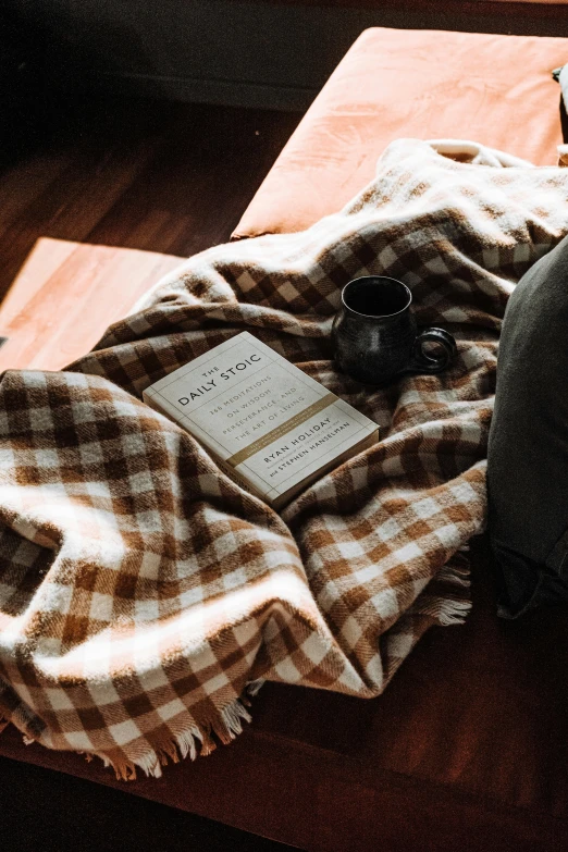 a bed with two books and a blanket