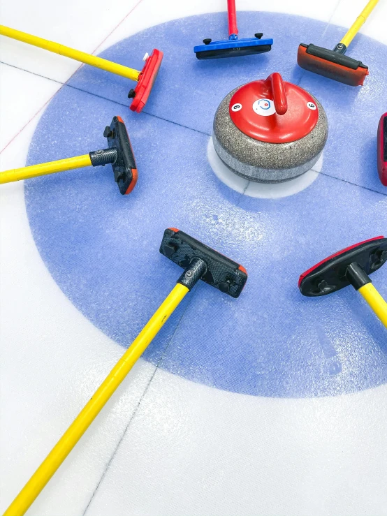 a picture of different kinds of mops in the curling rink