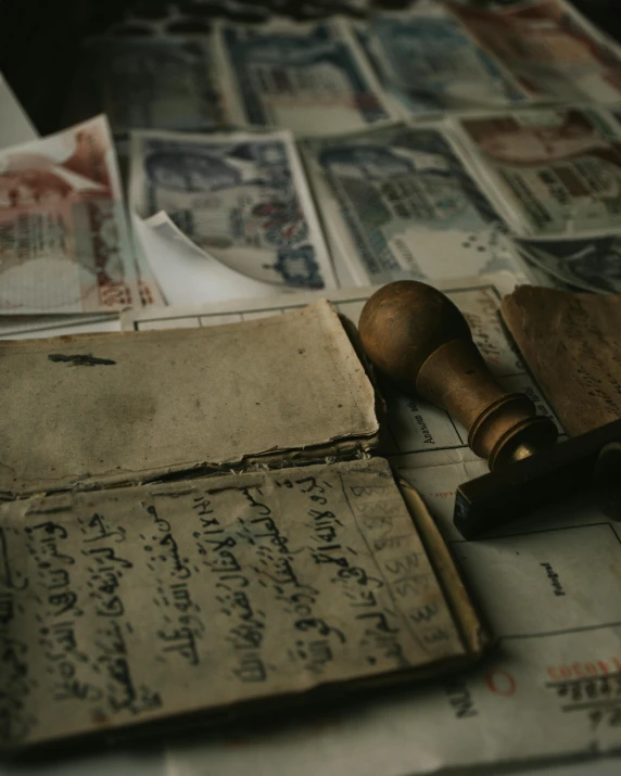 an old, dirty book next to a wooden carved baseball bat