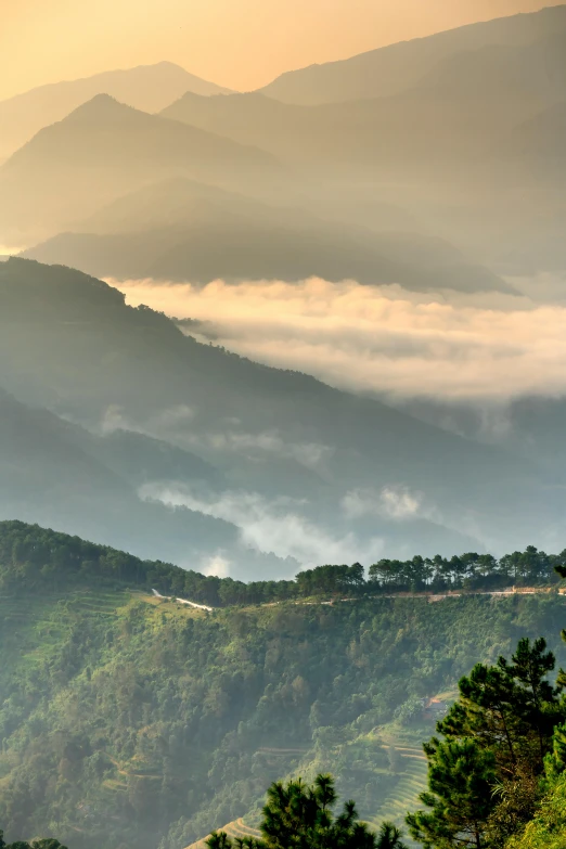 the sun shines through the mist covered mountains