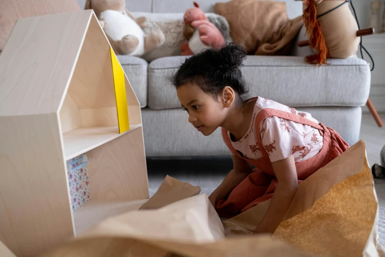 a  sits in the middle of a cardboard box, looking around the base of a house shaped like a boat