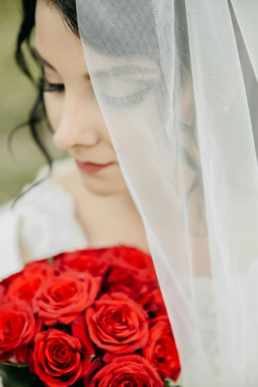 a close up s of the bride with her red roses in her bouquet