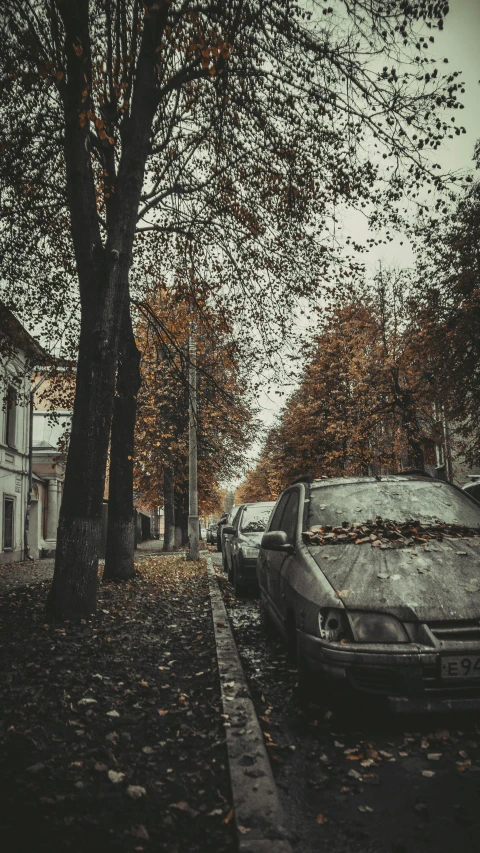 a rusted car sitting on a road next to trees