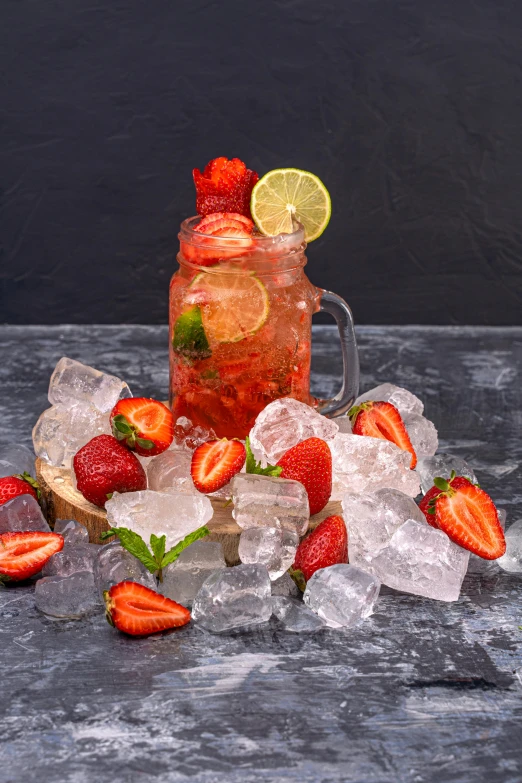 the beverage is served and garnished with fresh strawberries