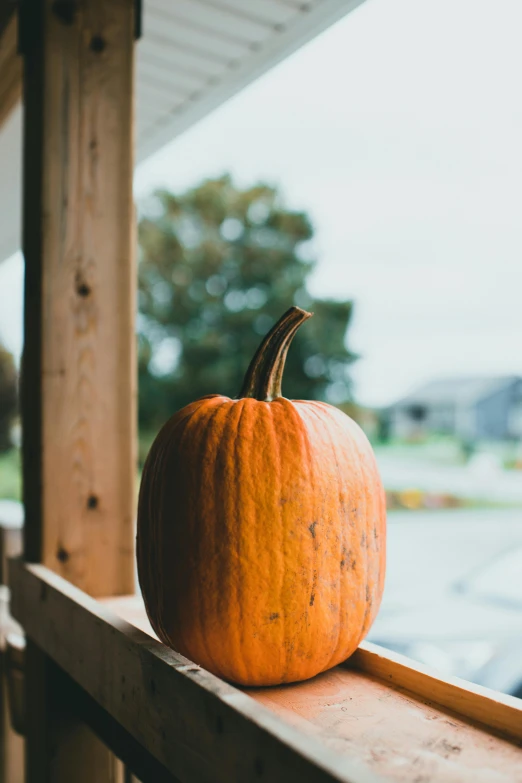 a pumpkin is sitting on the ledge outside