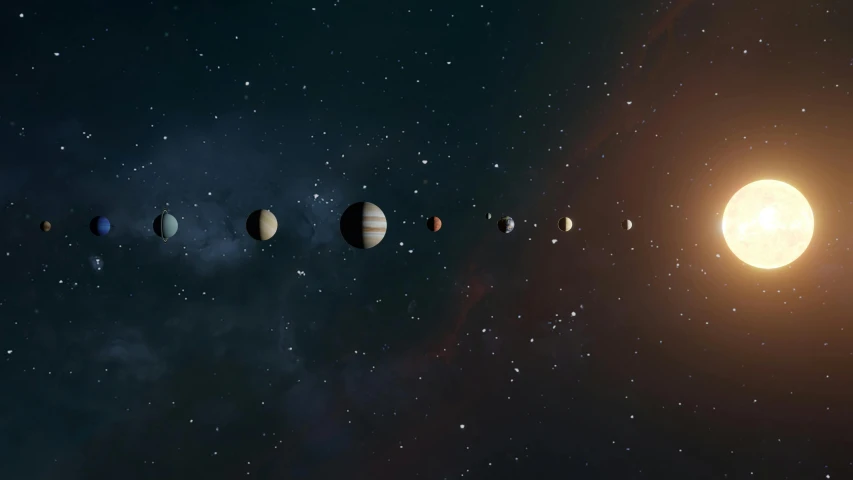 a group of planets floating in space with some light shining on them