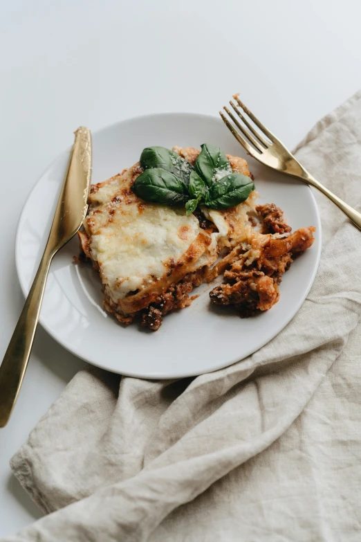 a piece of lasagna with spinach and cheese on a plate