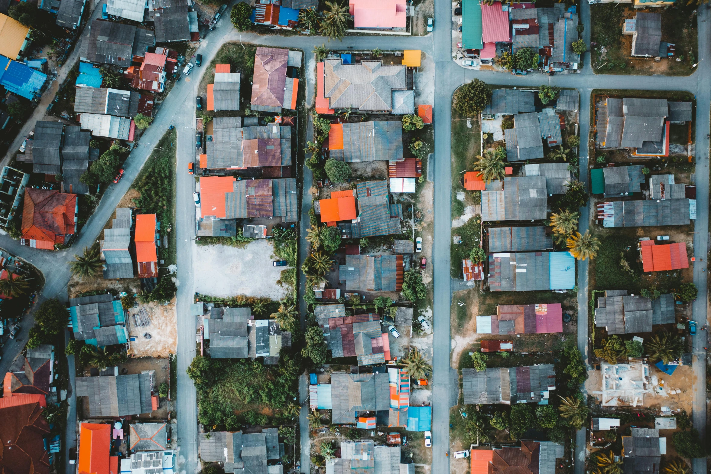 some houses are seen from above in this aerial view