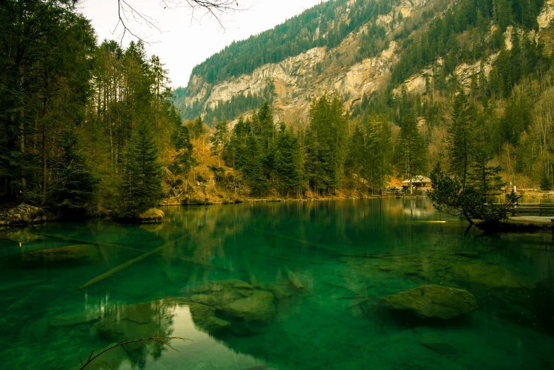 an alpine lake with clear water surrounded by forested hills