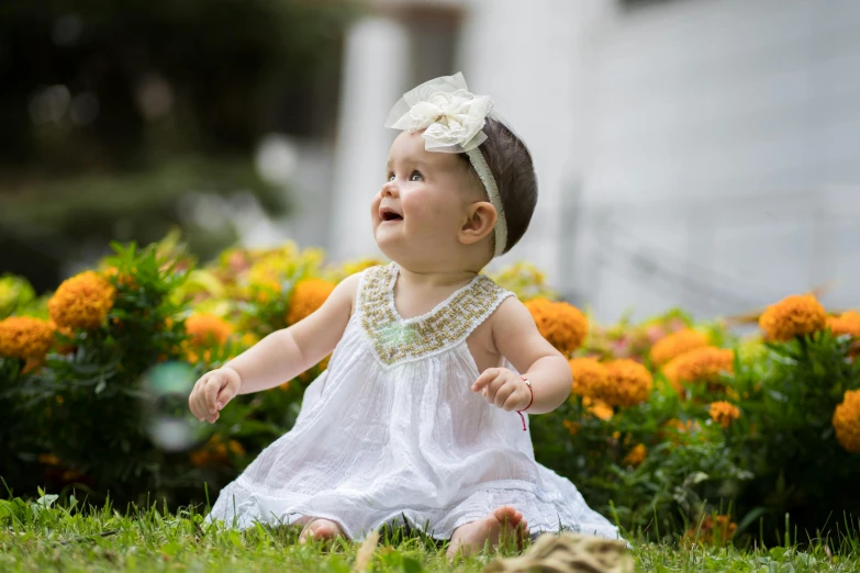 an adorable  sitting on the grass with flowers in the background