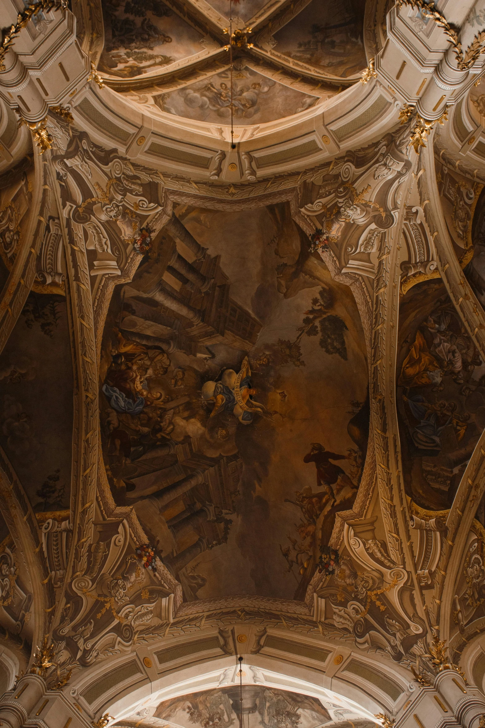 an ornate, painted ceiling is shown in this church