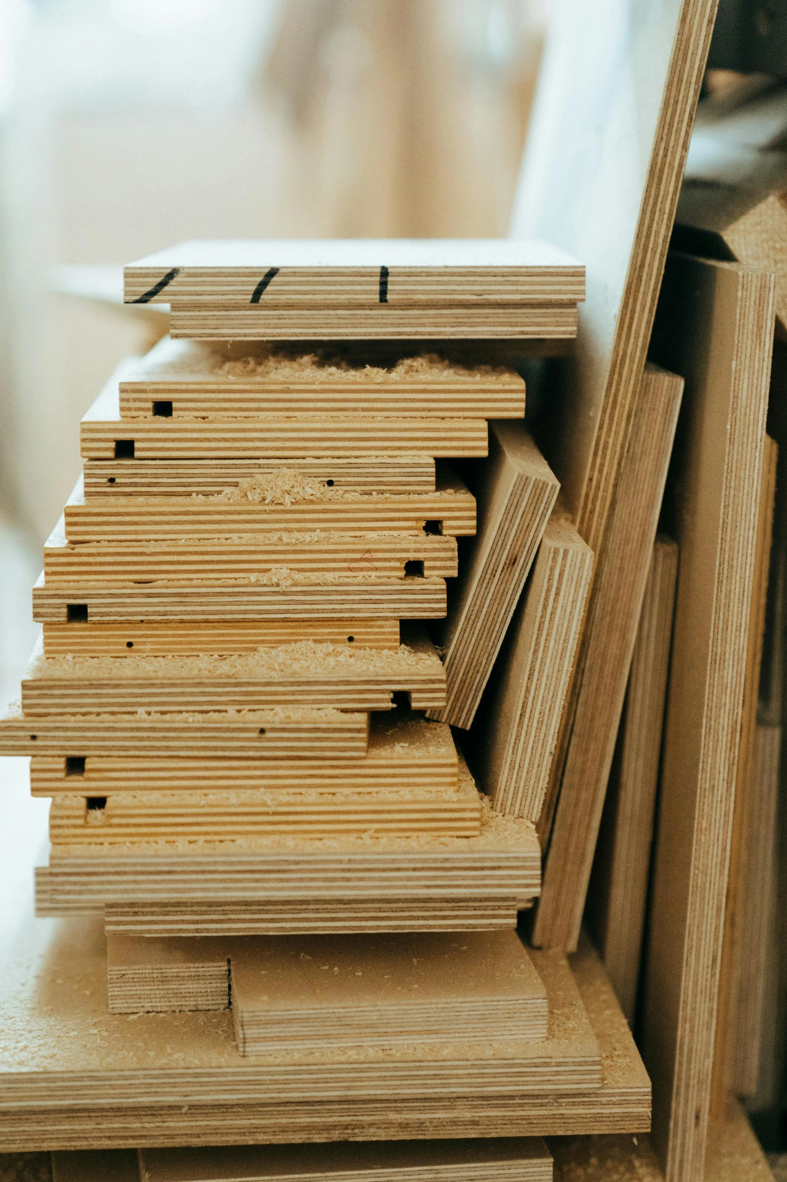 several different pieces of plywood and lumber in close up