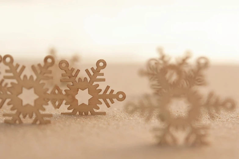 three snowflakes are in the sand next to each other