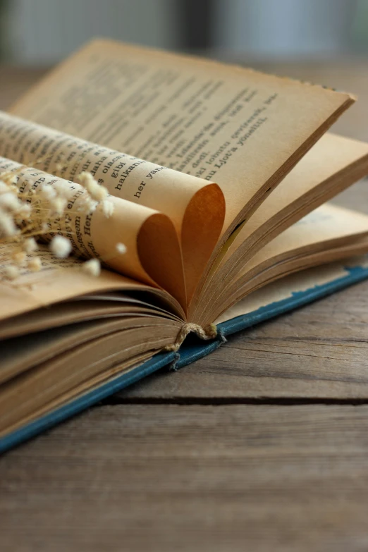 book opened with pages and pearls on wooden table