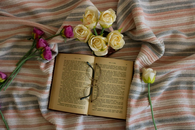 an open book on a striped blanket next to flowers