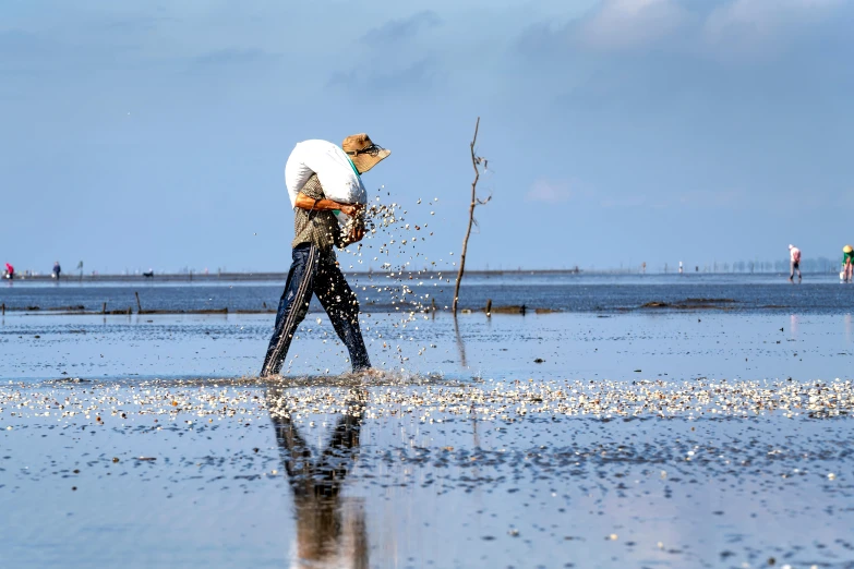 man in white jacket digging up vegetation on the beach