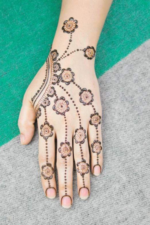 hend on woman's hand displaying hendi and beads