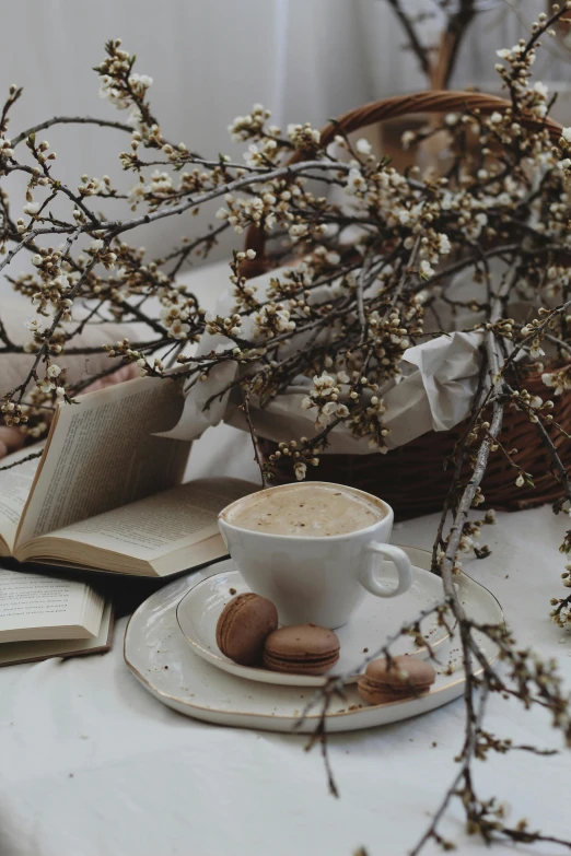 there are a few books and a cup with coffee on the table