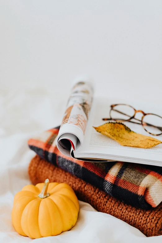 the magazines are piled next to the small pumpkin