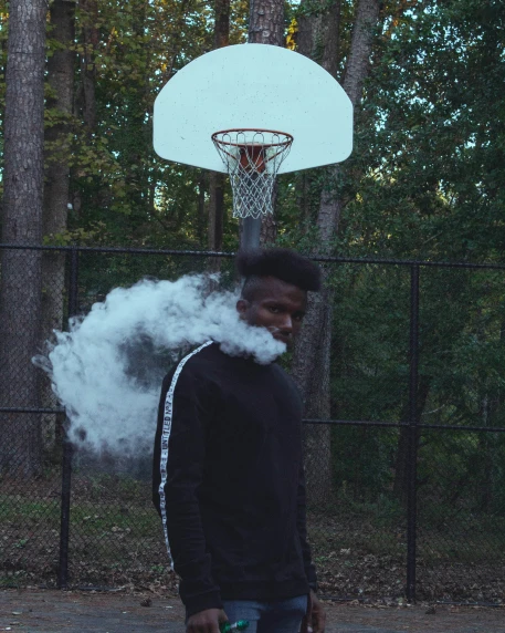 man smoking a basketball at an outdoor basketball court