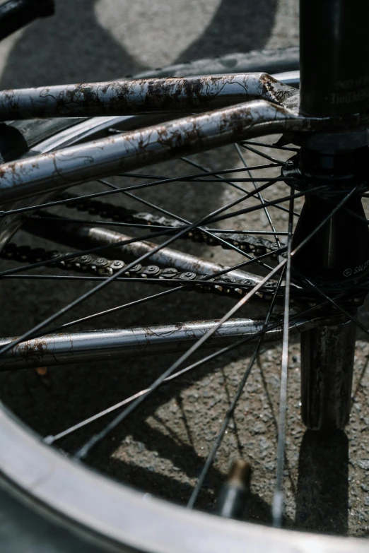 a bicycle wheel with some dirt on the ground